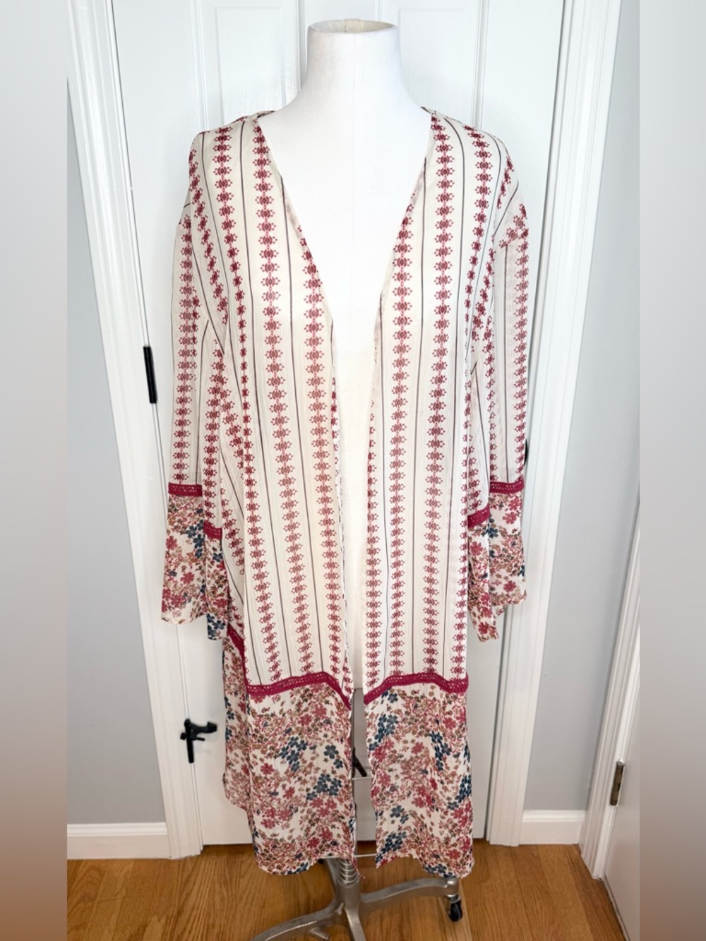 Women's Cream and Burgundy Floral Swim Coverup Kimono